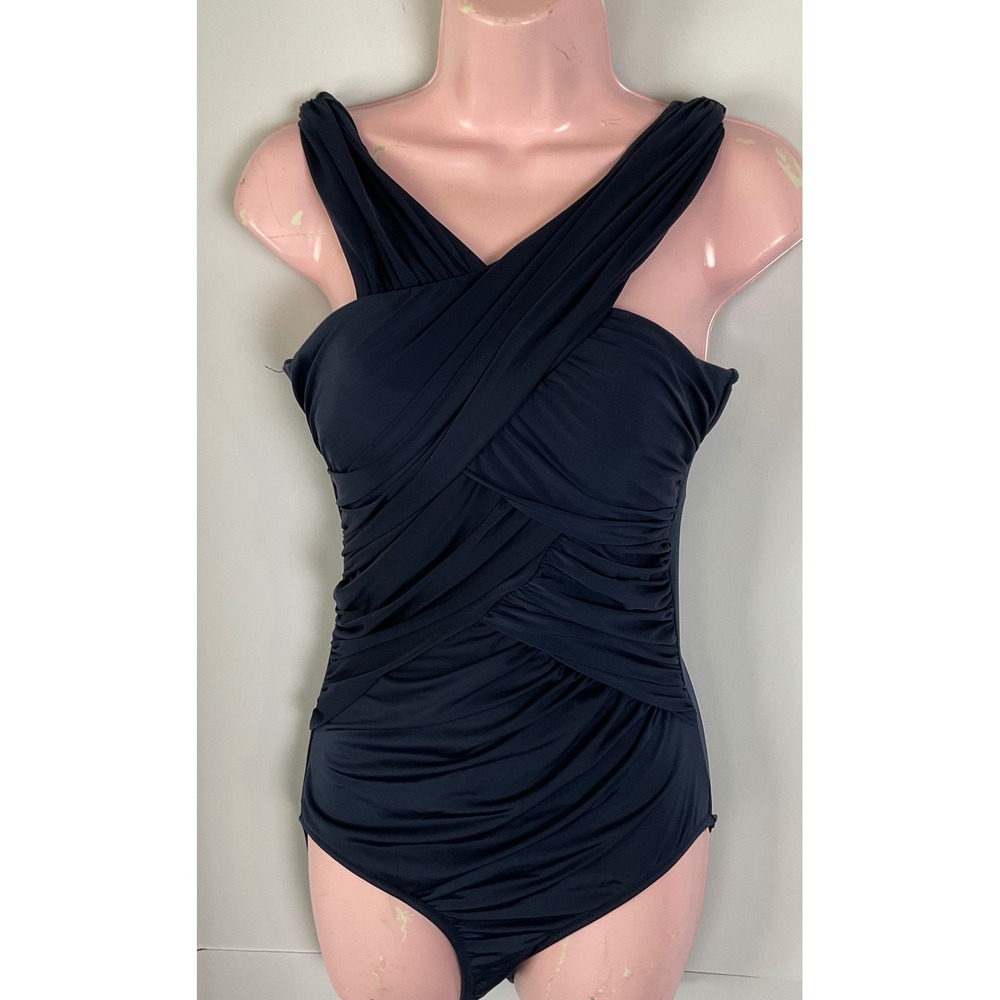 Garnet Hill Navy Blue Ruched Crossover  One Piece Swimsuit Womens Size 6
